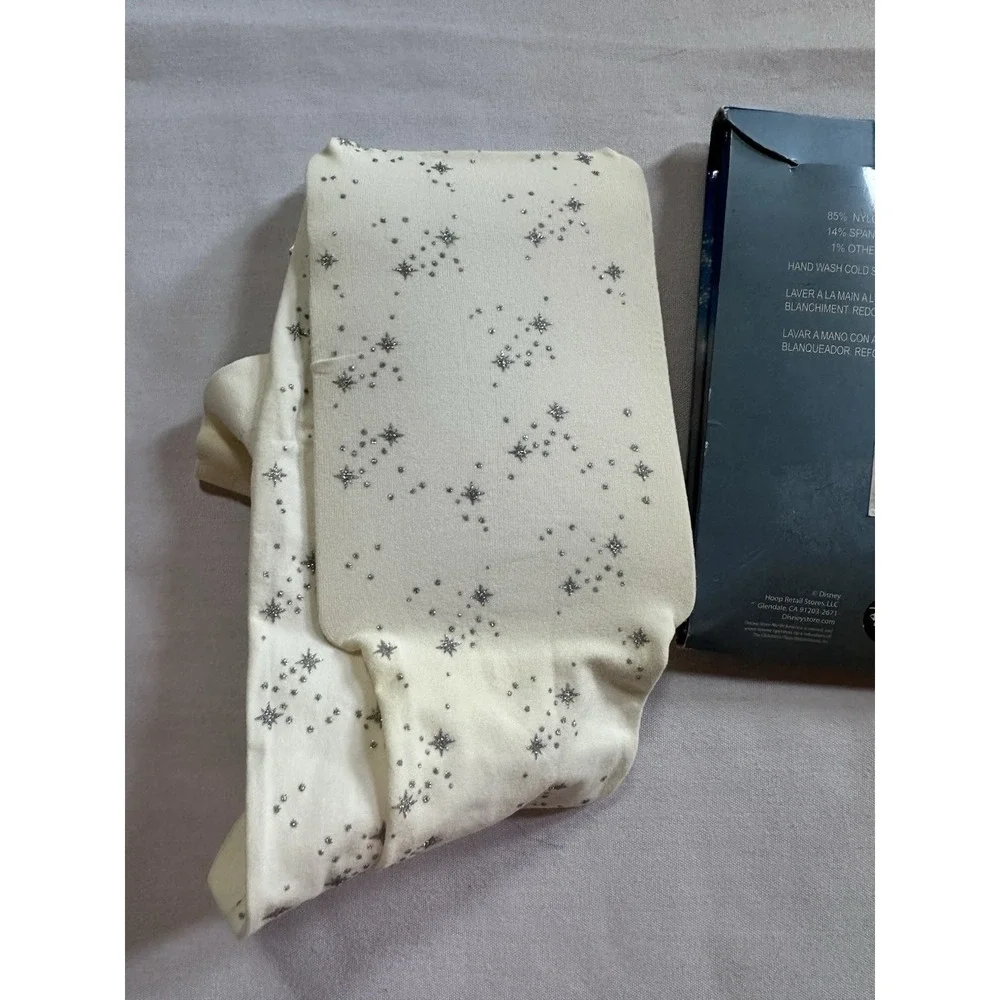 Disney Store Girls' Silver Glitter Stars‎ Printed Nylon Tights 10-12 Cinderella